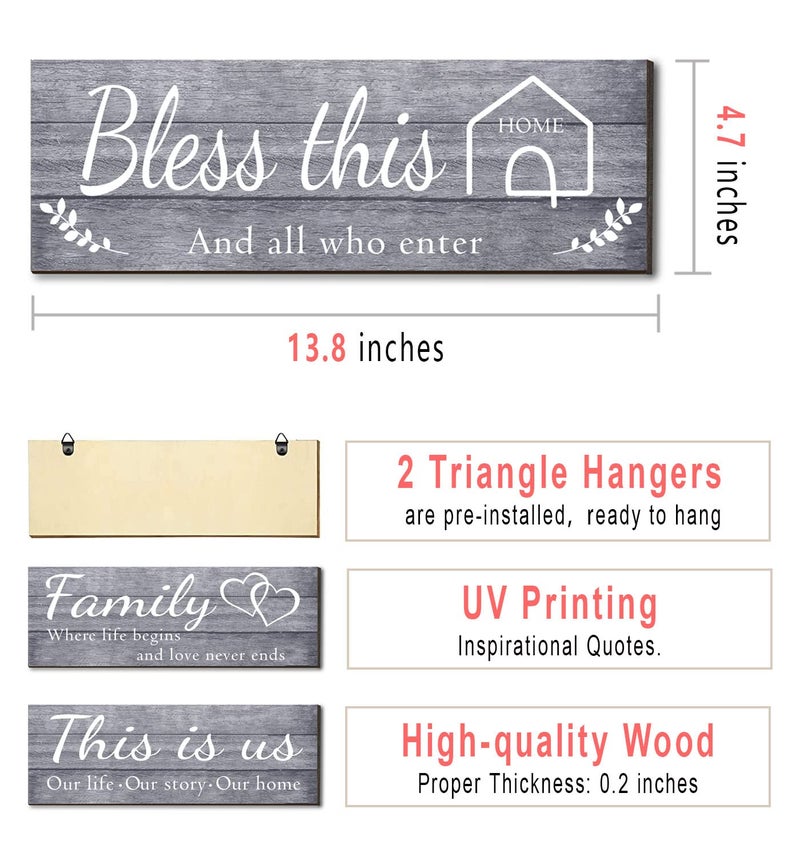 Joyhawk 4 Pieces Wall Decor Signs, THIS IS US, TOGETHER, BLESS THIS HOME, FAMILY Rustic Wooden Farmhouse Wall Art Décor For Living Room Bedroom Kitchen, , 4.7 x 13.8 Inch(Grey) - Image 2