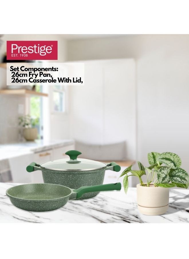 Prestige - Prestige Essentials Granite Non Stick Set Combo | 26cm Fry Pan + 26cm Casserole With Lid |  Induction Cookware Set 3 Pieces - Green - Image 1