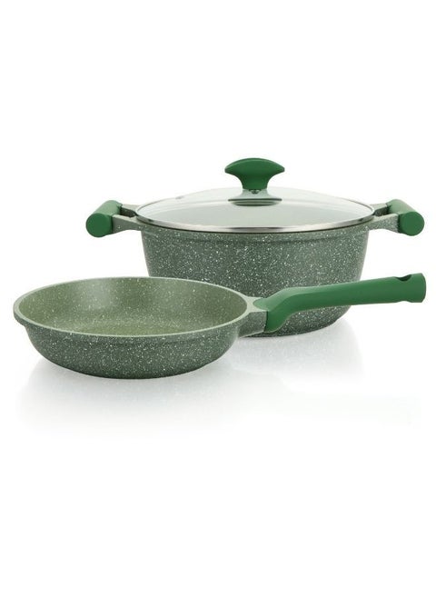 Prestige Essentials Granite Non Stick Set Combo | 26cm Fry Pan + 26cm Casserole With Lid |  Induction Cookware Set 3 Pieces - Green