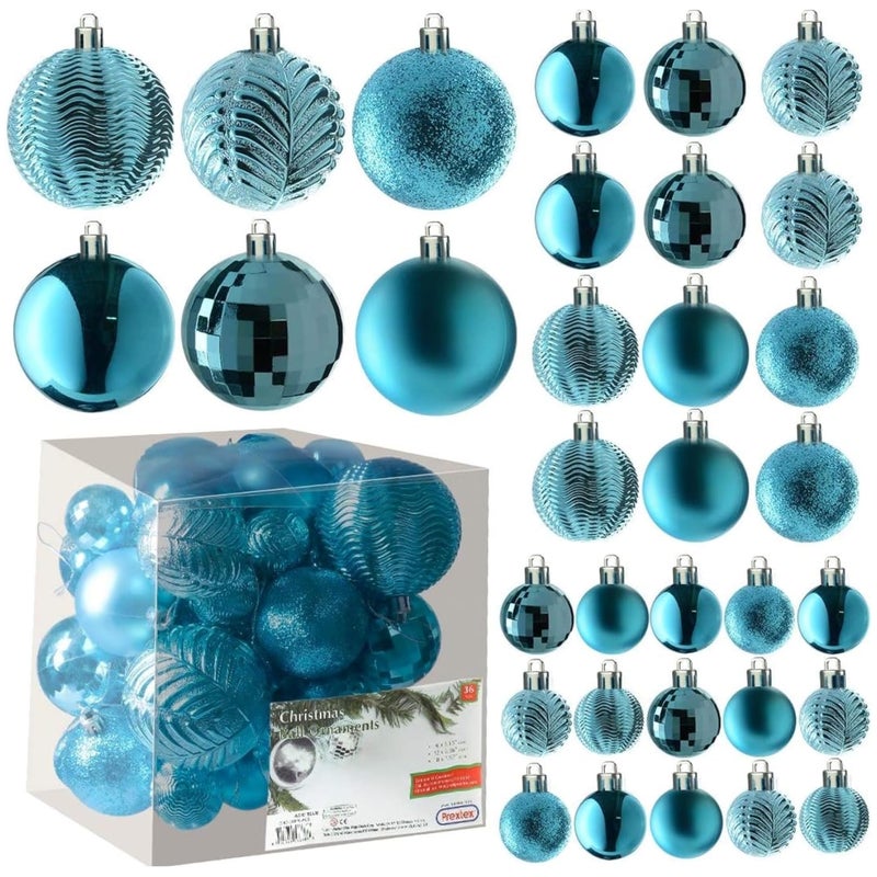 Prextex Prextex Christmas Tree Ornaments  Blue Christmas Ball Ornaments Set for Christmas Holiday Wreath  Party Decorations 36 pcs  Small Medium Large Shatterproof 
