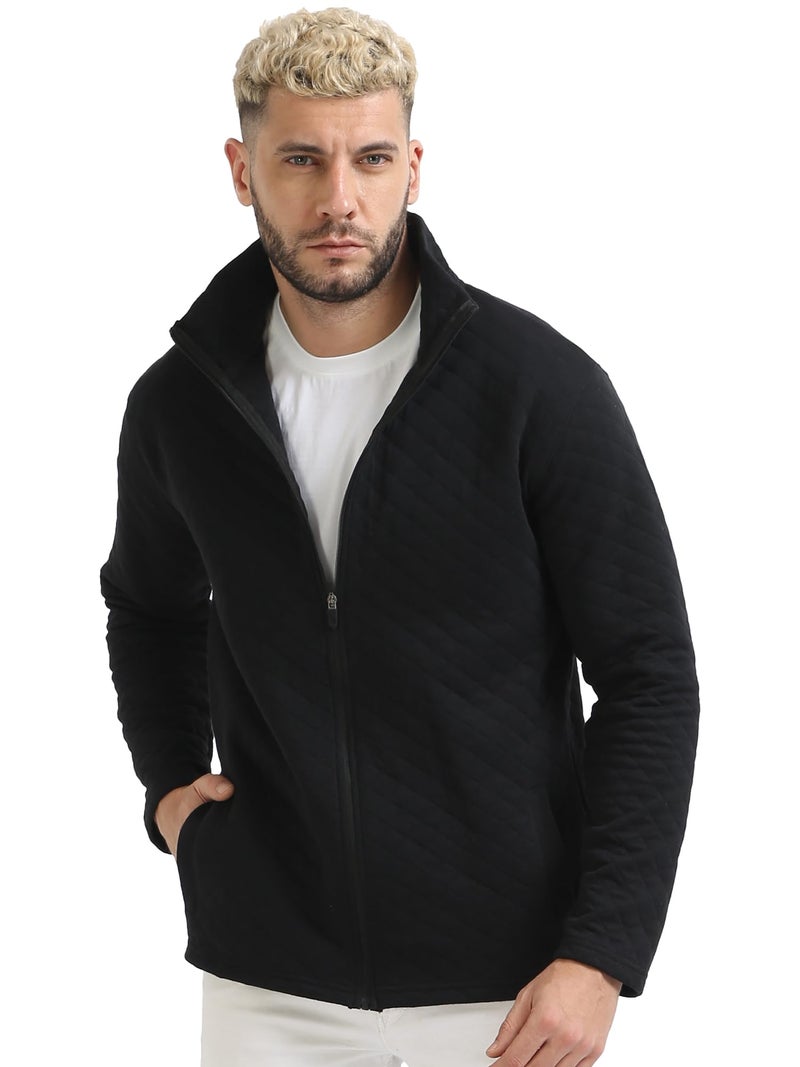 fanideaz Mens Standard Length Cotton Blend Diamond Cut Bomber jackets with zip Closer_Black Grindle_Large - Image 1