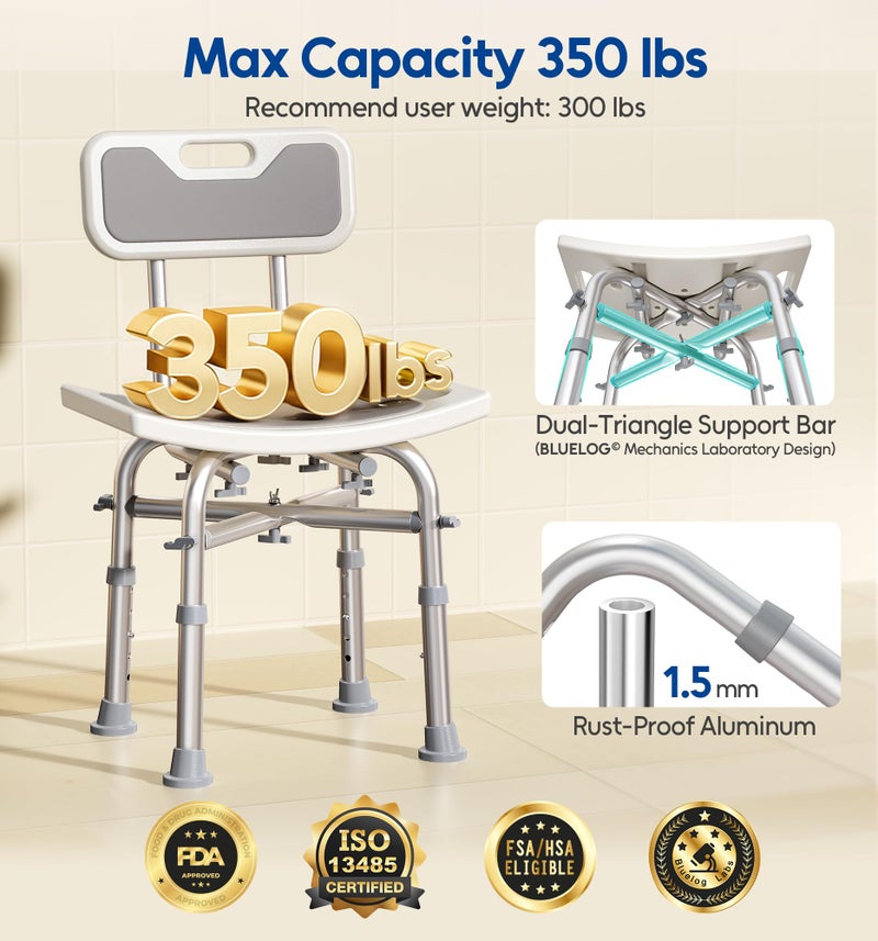 Bluelog Shower Chair with Back for Elderly and Disabled, Shower Seat Bench Stool, Adjustable Height, 350 lbs Capacity, Rectangular - Image 2