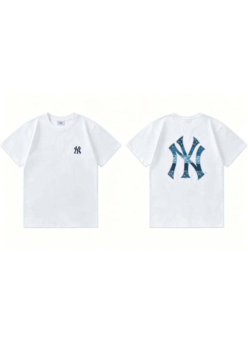 MLB Denim Texture NY Front Back Graphic White Unisex Cotton T-shirt-XXXL - Image 1