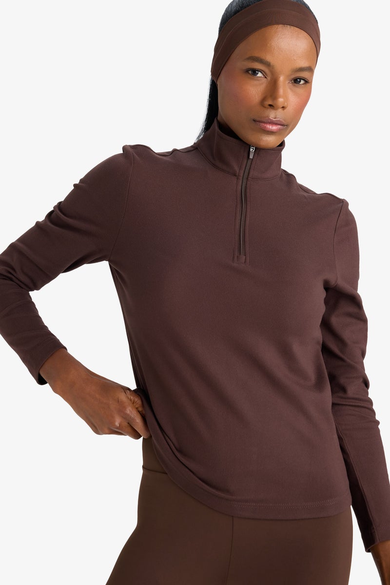 DeFacto Brown Woman Standard Fit Stand Collar Sports Sweatshirt Casual - Image 1