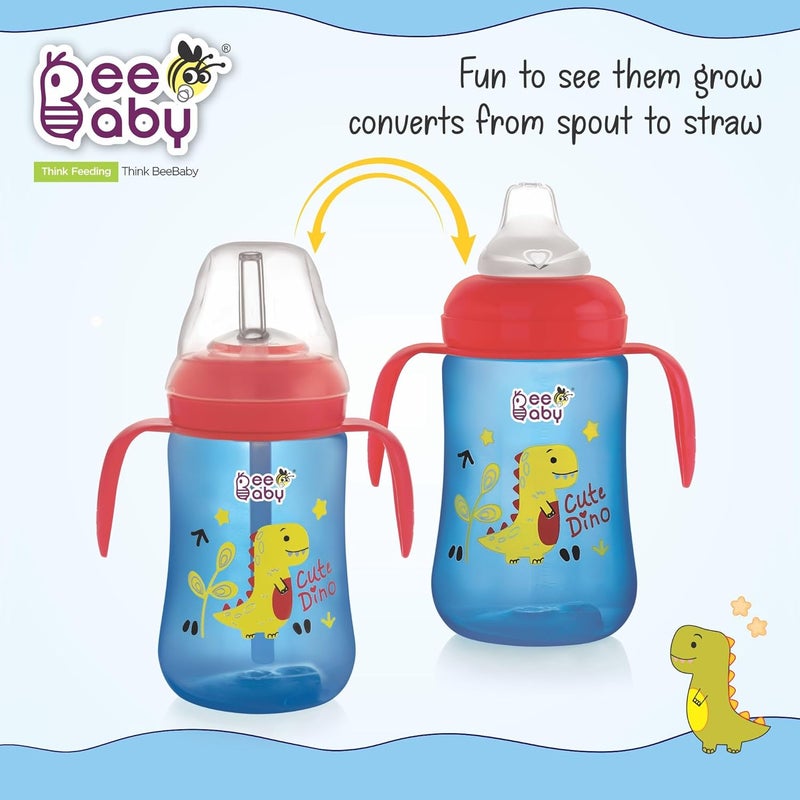Beebaby كوب بيبابي دينو 2 في 1 مع صنبور وشفاطة للأطفال، قابل للتبديل، مقاوم للتسرب، سهل الحمل للأطفال الصغار. خالي 100% من BPA. (أزرق، 240 مل) - Image 2