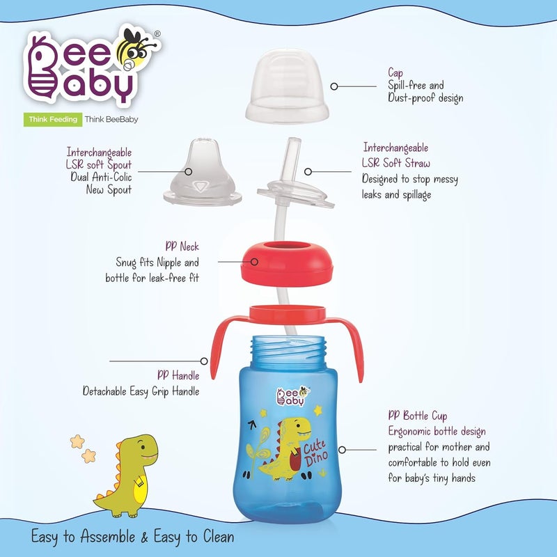 Beebaby كوب بيبابي دينو 2 في 1 مع صنبور وشفاطة للأطفال، قابل للتبديل، مقاوم للتسرب، سهل الحمل للأطفال الصغار. خالي 100% من BPA. (أزرق، 240 مل) - Image 3