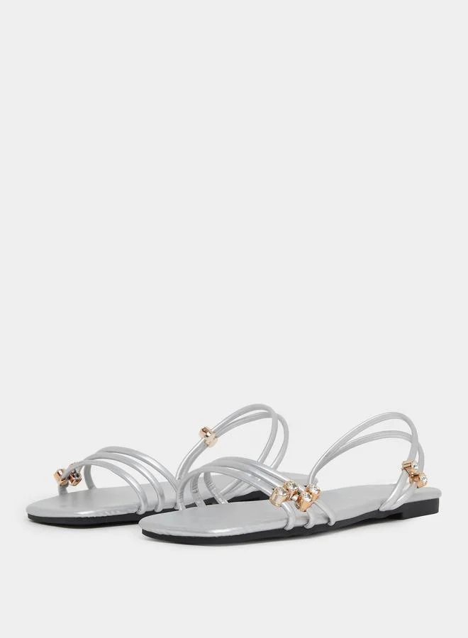 Take Two Silver Embellished Strappy Flat Sandals