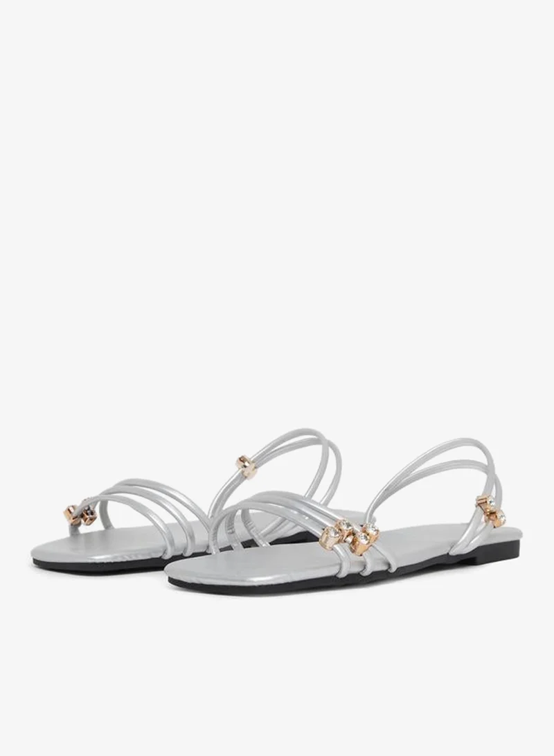 Take Two Silver Embellished Strappy Flat Sandals