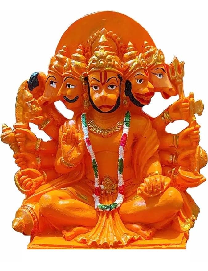 PICKARTME Resin Panchmukhi Hanuman Idol- Bajarang Bali Statue In Sinduri Color | Hanuman Ji Ki Murti For Pooja, Office & Home Temple - 6 Inch, Orange - Image 1