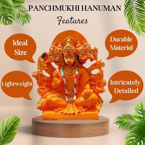 PICKARTME Resin Panchmukhi Hanuman Idol- Bajarang Bali Statue In Sinduri Color | Hanuman Ji Ki Murti For Pooja, Office & Home Temple - 6 Inch, Orange - Image 5