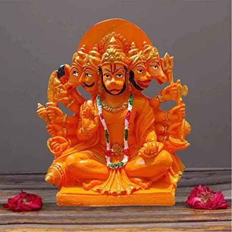 PICKARTME Resin Panchmukhi Hanuman Idol- Bajarang Bali Statue In Sinduri Color | Hanuman Ji Ki Murti For Pooja, Office & Home Temple - 6 Inch, Orange - Image 3