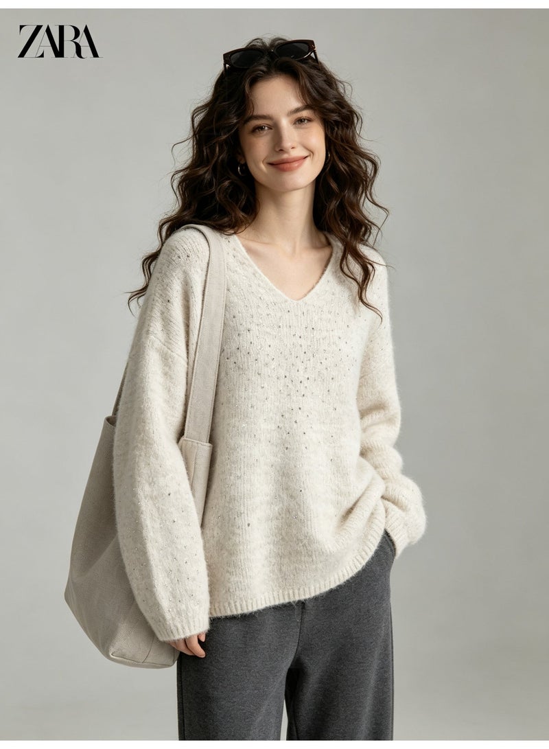 زارا سترة زارا نسائية بتصميم V-neck مُزينة بالترتر، سترة كروية فضفاضة بأكمام طويلة ناعمة ودافئة للارتداء اليومي - Image 1