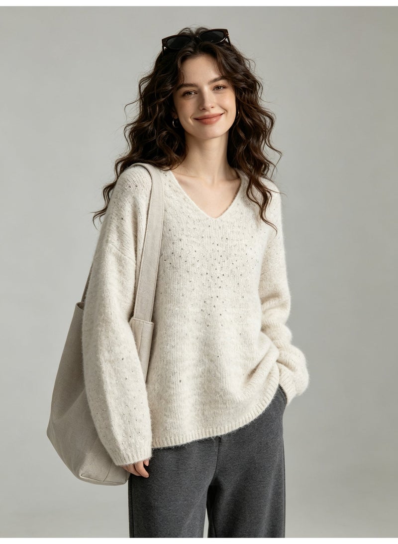 زارا سترة زارا نسائية بتصميم V-neck مُزينة بالترتر، سترة كروية فضفاضة بأكمام طويلة ناعمة ودافئة للارتداء اليومي - Image 3