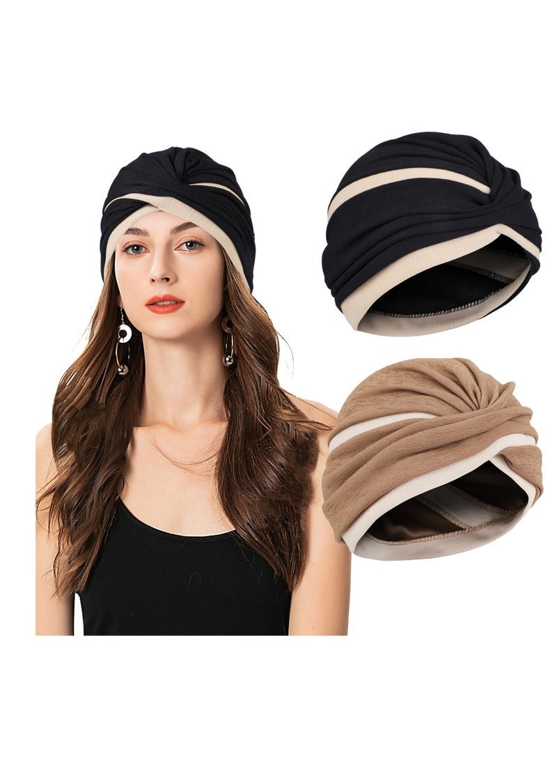 Captaintech for Women, 2 Pcs Soft Pre Tied Knot Turban Head Wraps, Women Turban Cap Twisted Braid Head Wrap Sleep Hat Headscarf Beanie Hair Loss Cap - Image 1