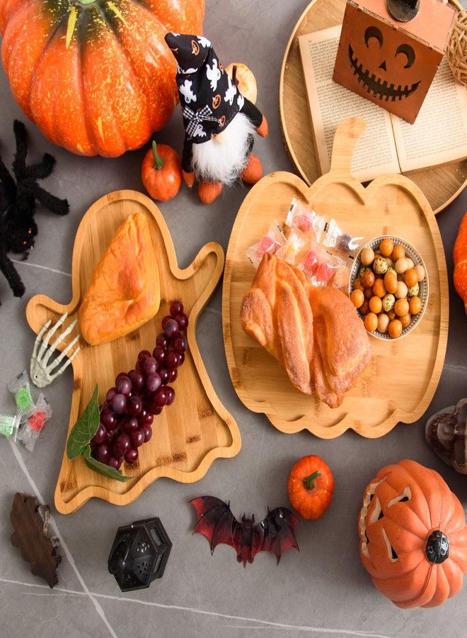 AWIZOM 2 Pcs Halloween Wood Serving Platters Ghost and Pumpkin Shaped Wooden Charcuterie Boards Halloween Bamboo Serving Trays Wood Snack Dish Plates for Fall Autumn Holiday Housewarming Presents - Image 3