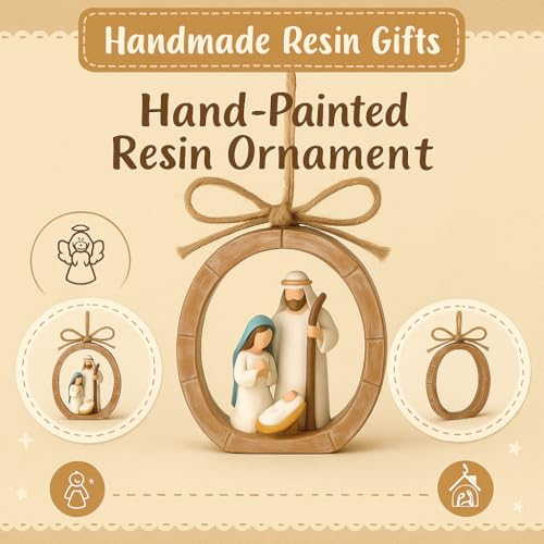 iStatue Holy Family Oval Nativity Set Hanging Christmas Ornament, Hand-Painted Resin with Jute Bow, Rustic Faux-Wood Ring, Religious Gift Xmas Tree/Wreath Décor (Nativity Scene) - Image 2
