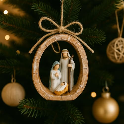 iStatue Holy Family Oval Nativity Set Hanging Christmas Ornament, Hand-Painted Resin with Jute Bow, Rustic Faux-Wood Ring, Religious Gift Xmas Tree/Wreath Décor (Nativity Scene) - Image 5