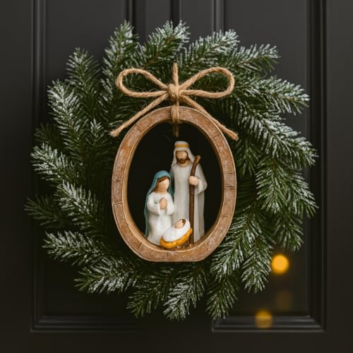 iStatue Holy Family Oval Nativity Set Hanging Christmas Ornament, Hand-Painted Resin with Jute Bow, Rustic Faux-Wood Ring, Religious Gift Xmas Tree/Wreath Décor (Nativity Scene) - Image 4