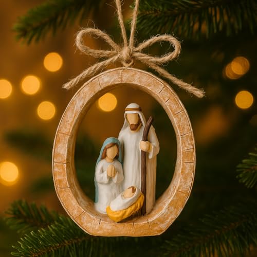 iStatue Holy Family Oval Nativity Set Hanging Christmas Ornament, Hand-Painted Resin with Jute Bow, Rustic Faux-Wood Ring, Religious Gift Xmas Tree/Wreath Décor (Nativity Scene) - Image 1