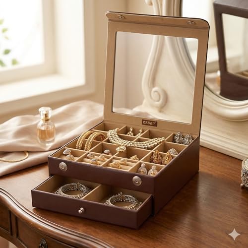 essart Faux Leather Double Layer Jewellery Organizer Box – 16 Slots for Rings & Earrings, 4 Compartments for Bangles & Watches - Image 4