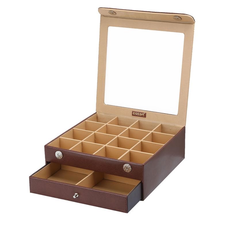 essart Faux Leather Double Layer Jewellery Organizer Box – 16 Slots for Rings & Earrings, 4 Compartments for Bangles & Watches - Image 1