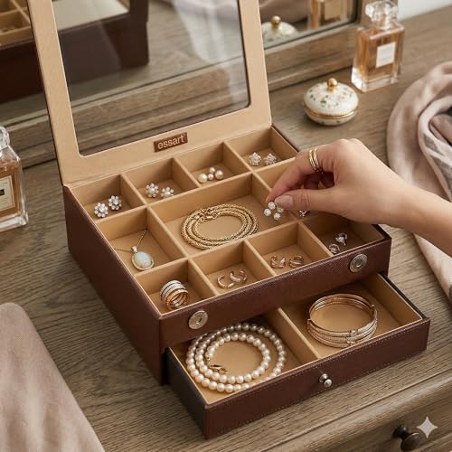 essart Faux Leather Double Layer Jewellery Organizer Box – 16 Slots for Rings & Earrings, 4 Compartments for Bangles & Watches - Image 2