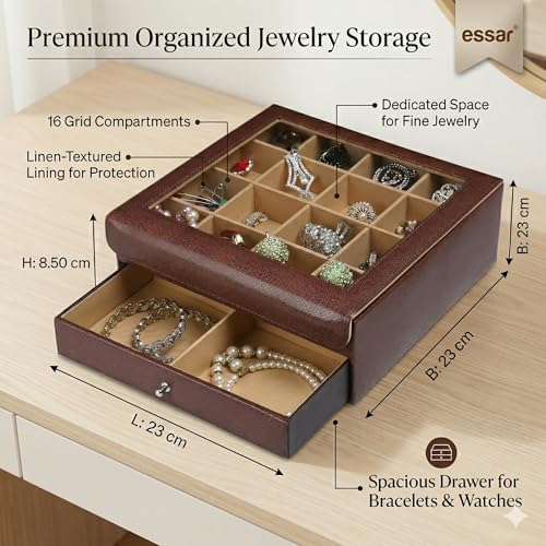 essart Faux Leather Double Layer Jewellery Organizer Box – 16 Slots for Rings & Earrings, 4 Compartments for Bangles & Watches - Image 3