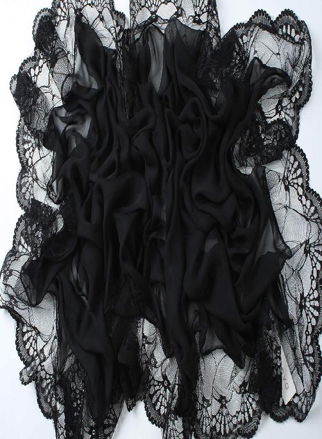 corciova Black Chiffon Long Women Lace Scarf Lightweight Hunter Pashmina Shawl - Image 2