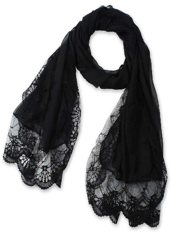 corciova Black Chiffon Long Women Lace Scarf Lightweight Hunter Pashmina Shawl - Image 3