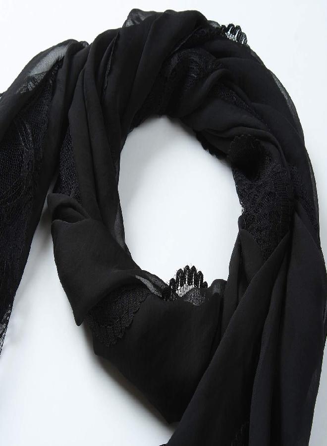 corciova Black Chiffon Long Women Lace Scarf Lightweight Hunter Pashmina Shawl - Image 1