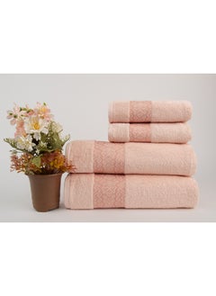 White Rose Towel 4 Piece Bathroom  Set - BLOCKS - 500 GSM - 100% Cotton Terry - Jacquard Border- 2 Bath  70X140 cm & 2 Hand  50x90 cm- Luxury Touch - Extra Absorbent-Peach  - Image 1
