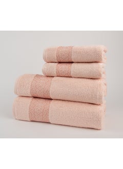 White Rose Towel 4 Piece Bathroom  Set - BLOCKS - 500 GSM - 100% Cotton Terry - Jacquard Border- 2 Bath  70X140 cm & 2 Hand  50x90 cm- Luxury Touch - Extra Absorbent-Peach  - Image 3