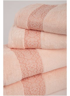White Rose Towel 4 Piece Bathroom  Set - BLOCKS - 500 GSM - 100% Cotton Terry - Jacquard Border- 2 Bath  70X140 cm & 2 Hand  50x90 cm- Luxury Touch - Extra Absorbent-Peach  - Image 4