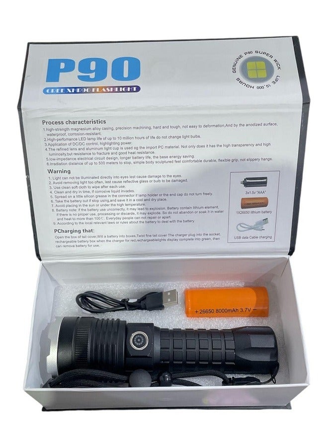 P90 High Power LED Tactical Flashlight Rechargeable 900000 Lumens XHP70.2 Chip Zoomable Flashlight 5 Lighting Modes IPX7 Waterproof for Camping Hiking Emergency - Image 2