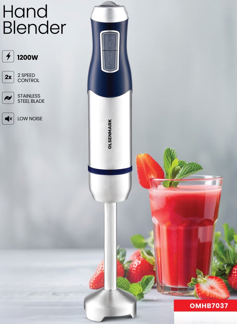 Olsenmark Hand Blender- OMHB7037, 1200W Heavy-Duty Manual Operation, 2 Speed Control, with Stainless Steel Head and Body, Contoured Handle, Elegant Design and Highly Durable, Perfect for Making Dips, Sauces, Smoothies, Cream, Lassi OMHB7037 - Image 1