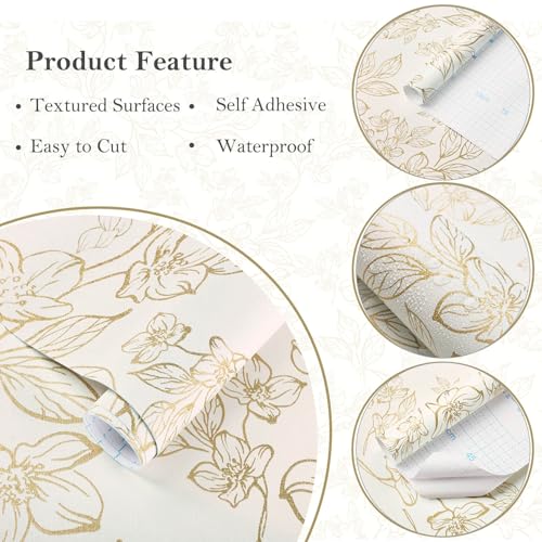 Ismoon Vintage Floral Peel and Stick Wallpaper Beige and Gold Wallpapaer Textured Thicken Contact Paper Removable Self Adhesive Wallpaper for Shelves Drawer Vinyl 173x196in - Image 3