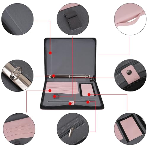 Wonderpool Travel Zippered Portfolio 3 Ring Binder A4 Padfolio Document Case with Removable Clipboard Legal Pad Holder, Business Office School Organizer for Men and Women (Pink) - Image 2