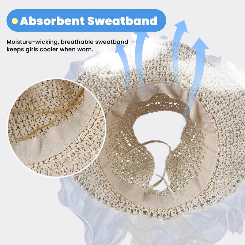 Luckam قبعة قش للبنات الصغيرات قبعة شمسية لذيل الحصان للأطفال في الصيف على الشاطئ قبعات حماية من الشمس للبنات الصغيرات - Image 4