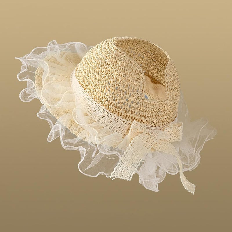 Luckam قبعة قش للبنات الصغيرات قبعة شمسية لذيل الحصان للأطفال في الصيف على الشاطئ قبعات حماية من الشمس للبنات الصغيرات - Image 2