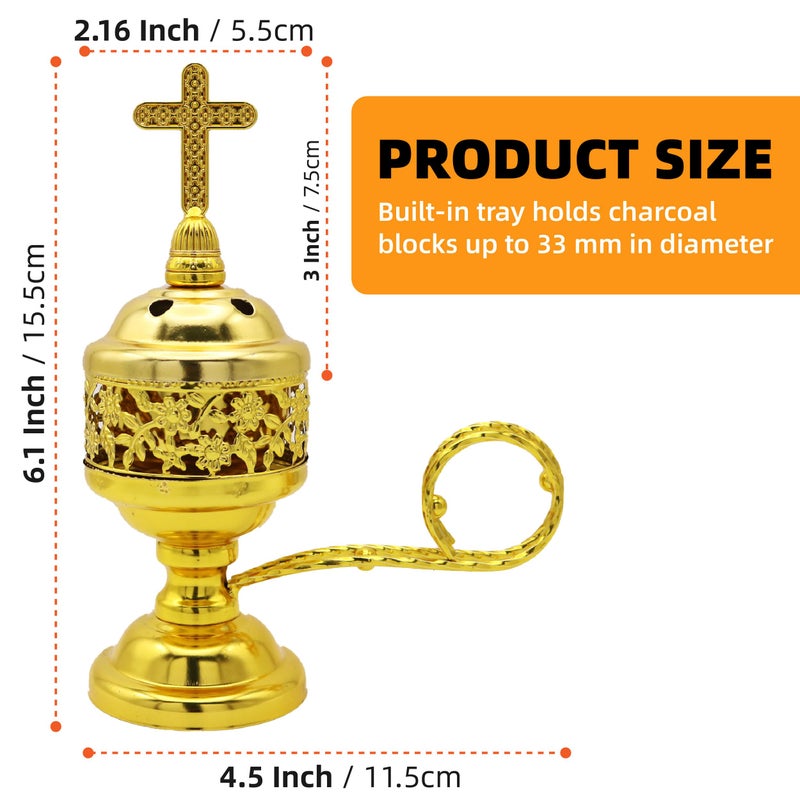 JREEPEE Solid Brass Color Incense Burner with Cross Lid - 6 Inch Charcoal Censer for Catholic Church, Home Altar - Thurible for Frankincense, Resin, Bakhoor - Image 5