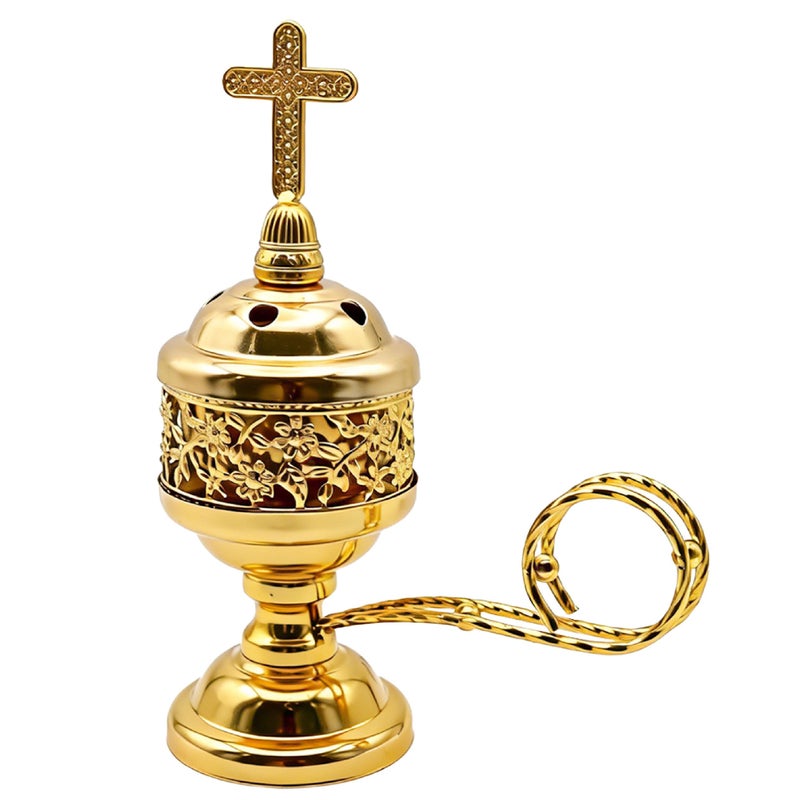 JREEPEE Solid Brass Color Incense Burner with Cross Lid - 6 Inch Charcoal Censer for Catholic Church, Home Altar - Thurible for Frankincense, Resin, Bakhoor - Image 1
