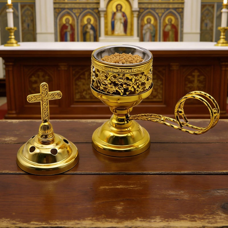 JREEPEE Solid Brass Color Incense Burner with Cross Lid - 6 Inch Charcoal Censer for Catholic Church, Home Altar - Thurible for Frankincense, Resin, Bakhoor - Image 3