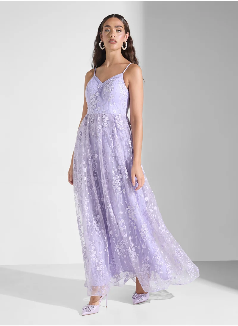 جينجر بوتيك Strappy Floral Embellished Tulle A Line Dress