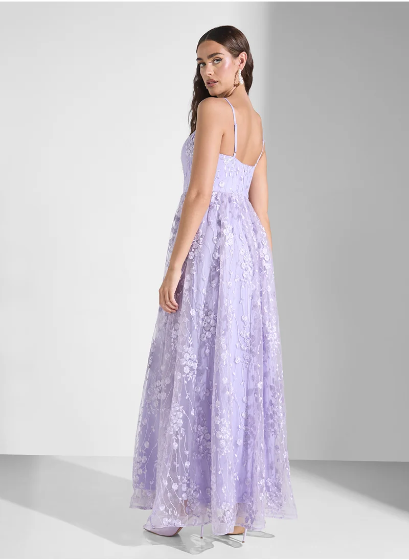 جينجر بوتيك Strappy Floral Embellished Tulle A Line Dress