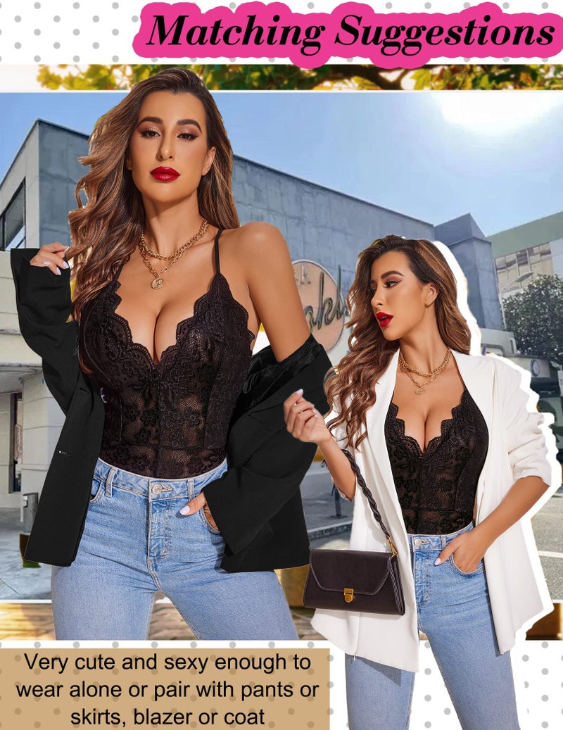 Avidlove Teddy Lingerie for Women Lace Bodysuit Snap Crotch Sexy V Neck One Piece Lingerie (Double Layers - Black, XL) - Image 4