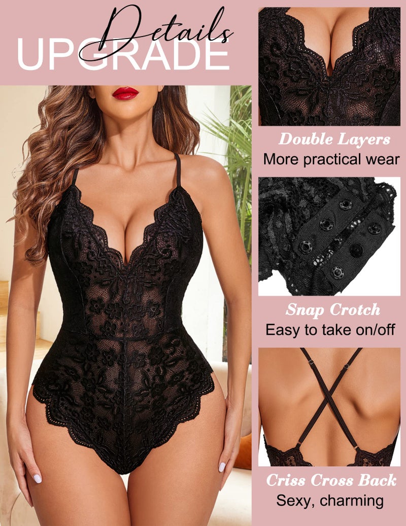 Avidlove Teddy Lingerie for Women Lace Bodysuit Snap Crotch Sexy V Neck One Piece Lingerie (Double Layers - Black, XL) - Image 2