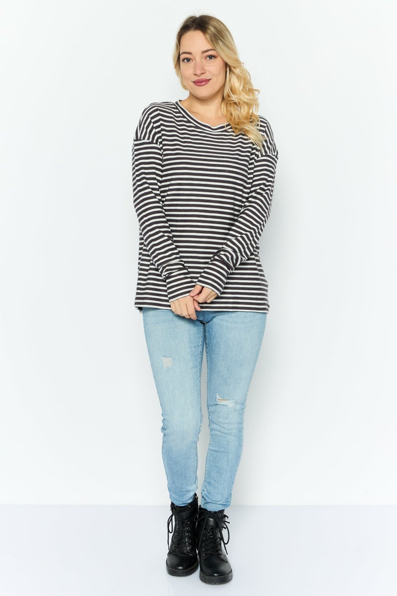 ESPRIT بلوزة نسائية بأكمام طويلة وياقة دائرية بتصميم مخطط، بيضاء - Image 2