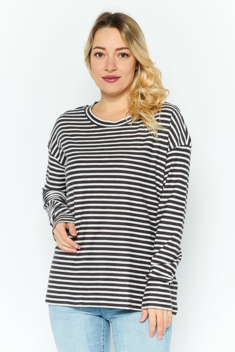 ESPRIT بلوزة نسائية بأكمام طويلة وياقة دائرية بتصميم مخطط، بيضاء - Image 1