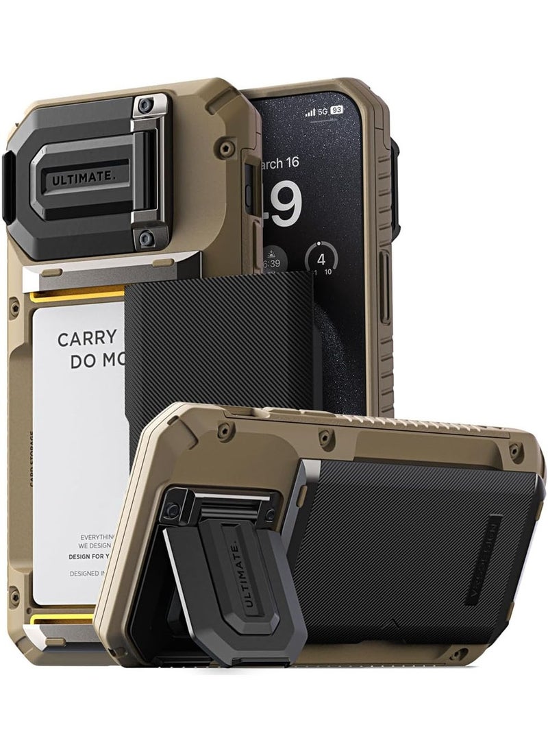 VRS Design Damda Glide Duo Guard iPhone 15 Pro MAX Case Cover Wallet with Semi Automatic Credit Card Holder Slot [4 Cards] & Camera Lens Protector Kickstand - Khaki Groove  - Image 1