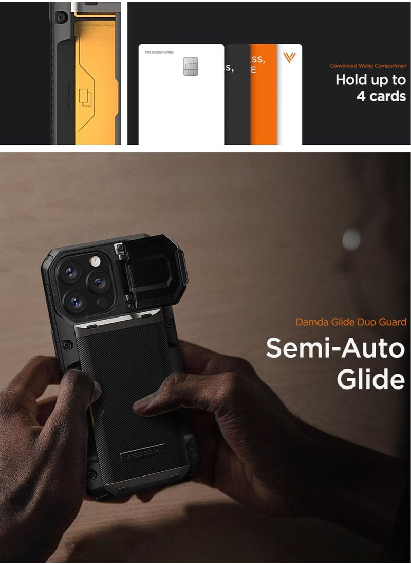 VRS Design Damda Glide Duo Guard iPhone 15 Pro MAX Case Cover Wallet with Semi Automatic Credit Card Holder Slot [4 Cards] & Camera Lens Protector Kickstand - Khaki Groove  - Image 4